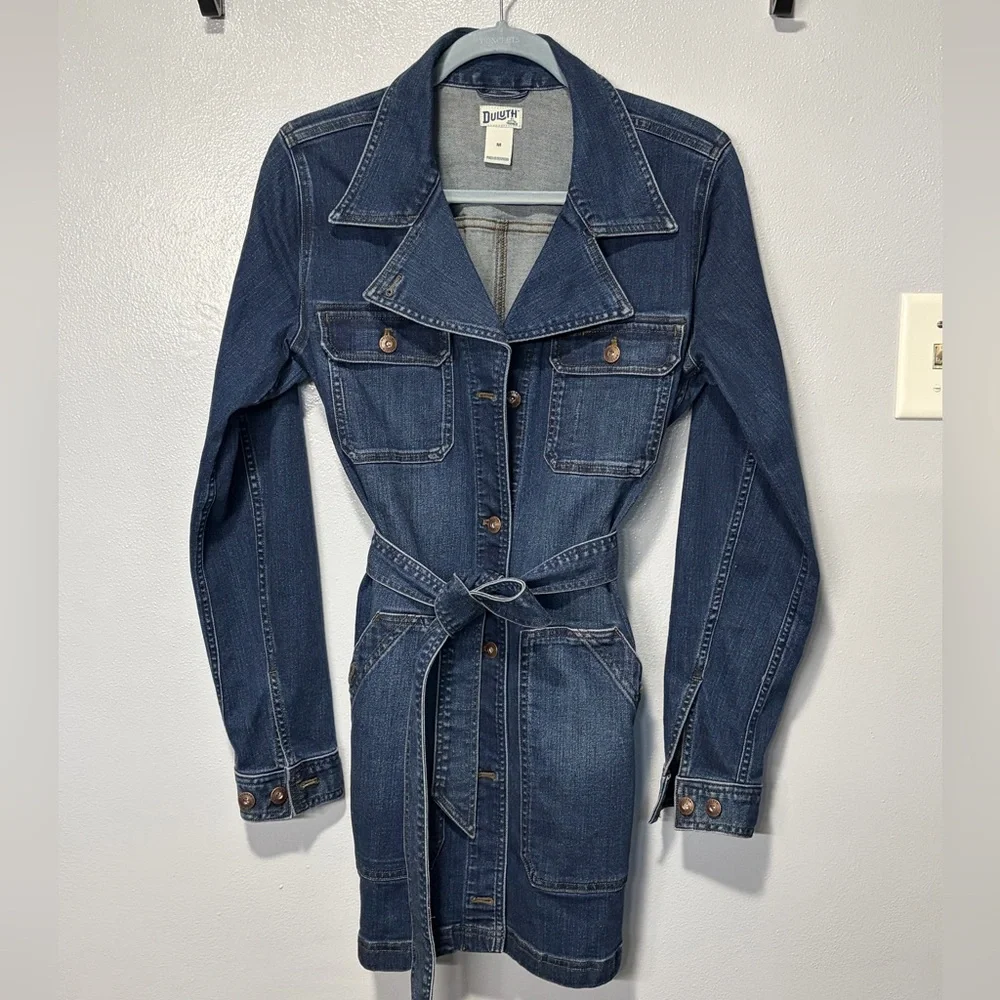Duluth Trading Co Dark Blue Jean Jacket with Belt - Picture 1 of 3
